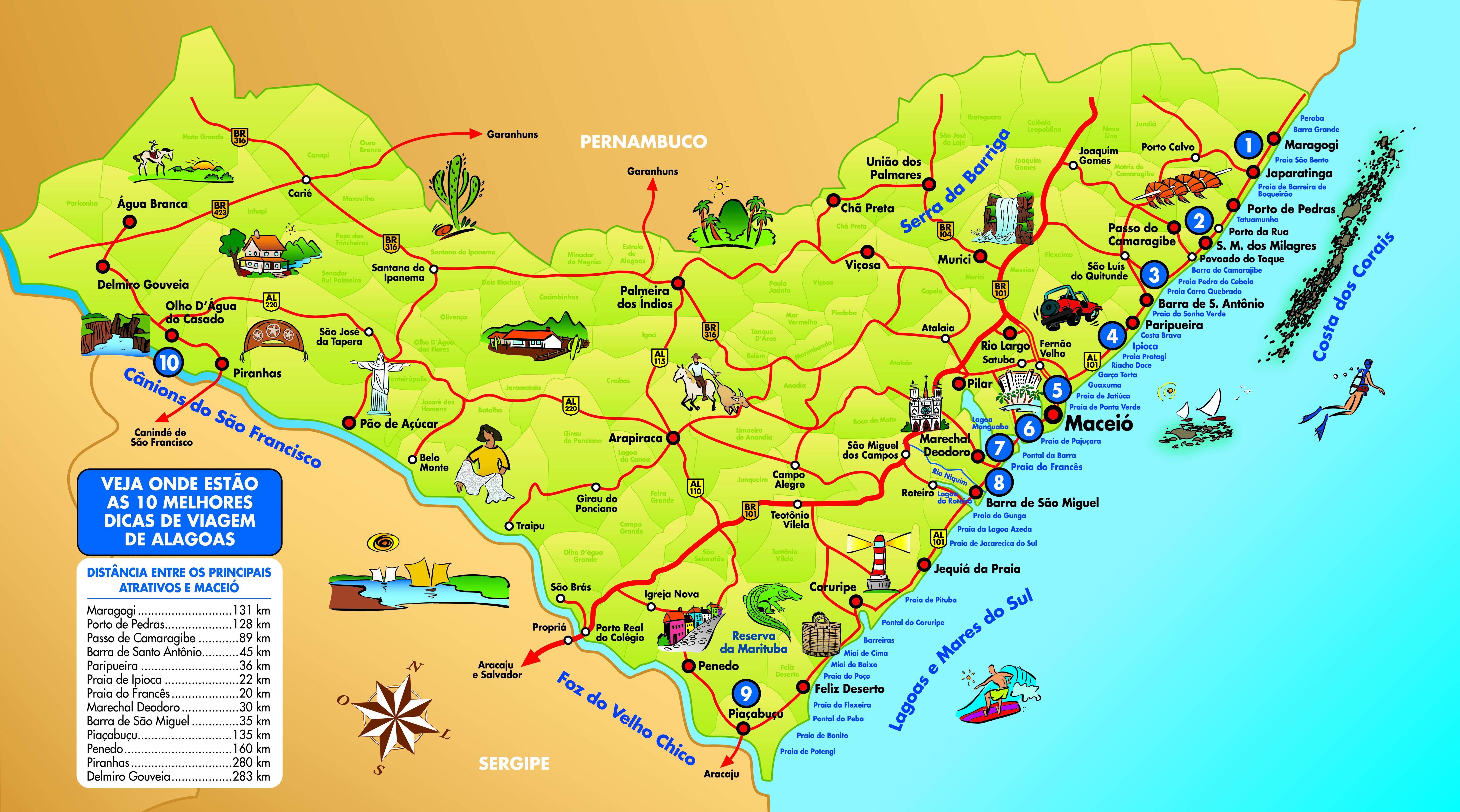 Mapa turístico de Alagoas mostrando os principais destinos do estado, incluindo União dos Palmares e a Serra da Barriga