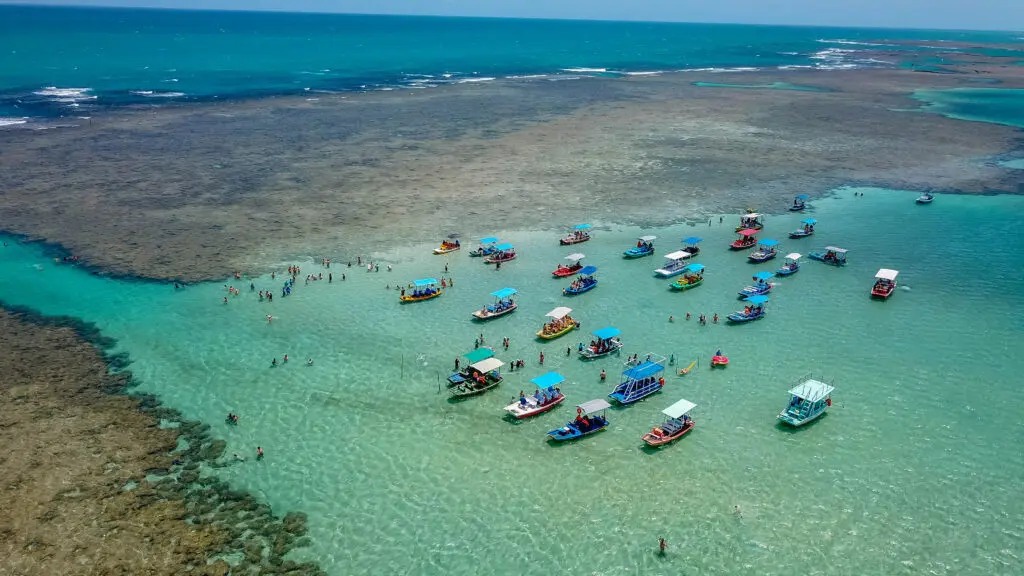 Vista aérea das piscinas naturais de Maragogi, com jangadas ancoradas sobre os recifes em águas cristalinas