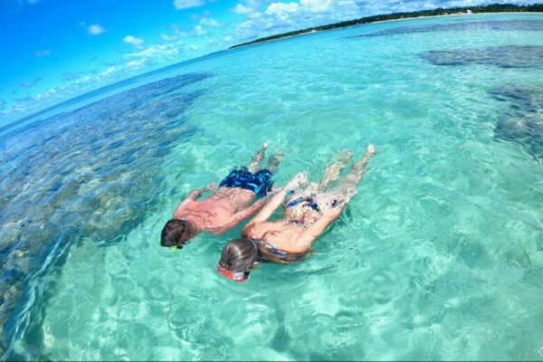 Casal fazendo snorkel em piscina natural de água cristalina, sobre os recifes da Costa dos Corais alagoana