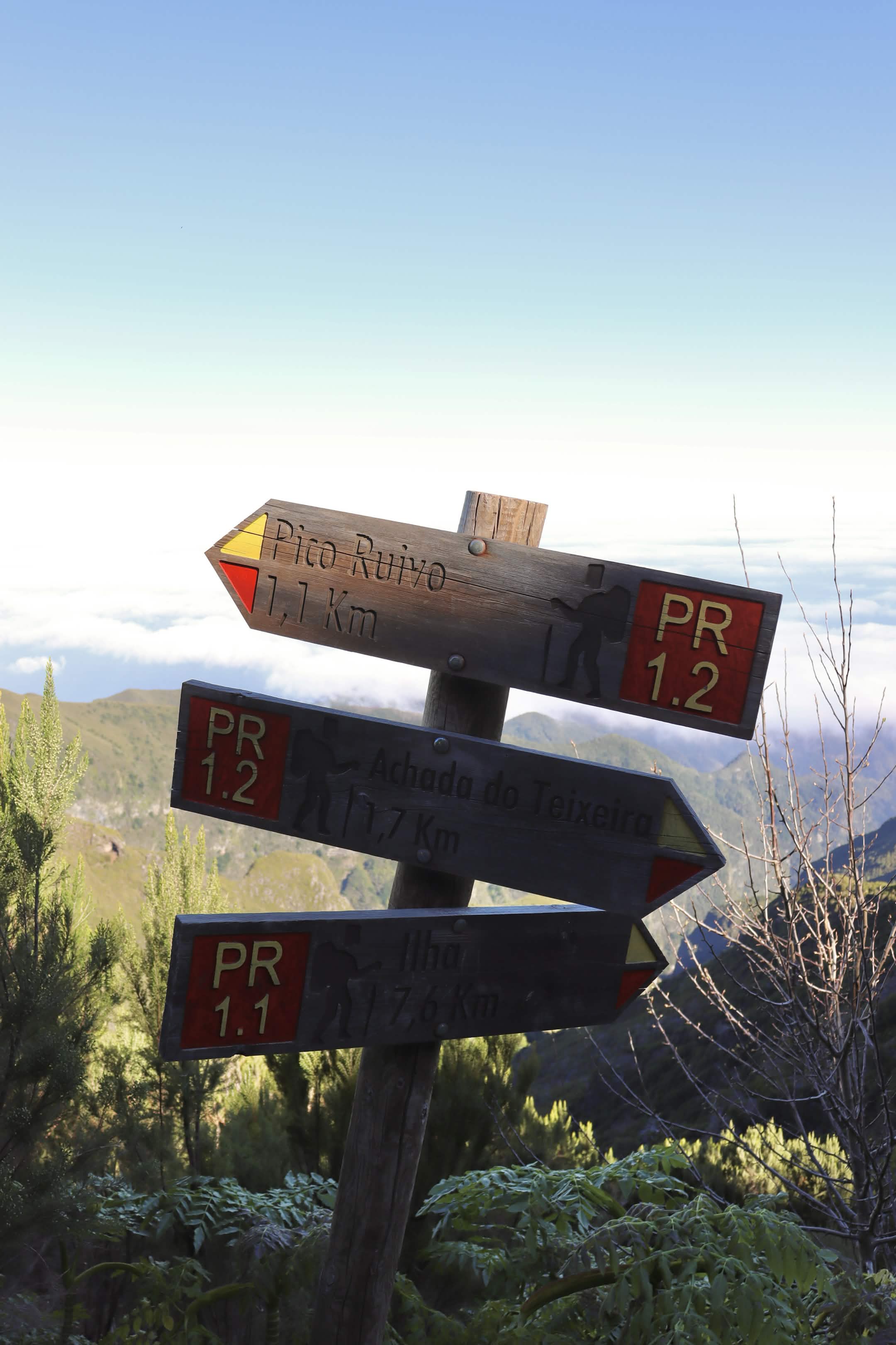 Placas de sinalização em trilha de montanha indicando direções e distâncias