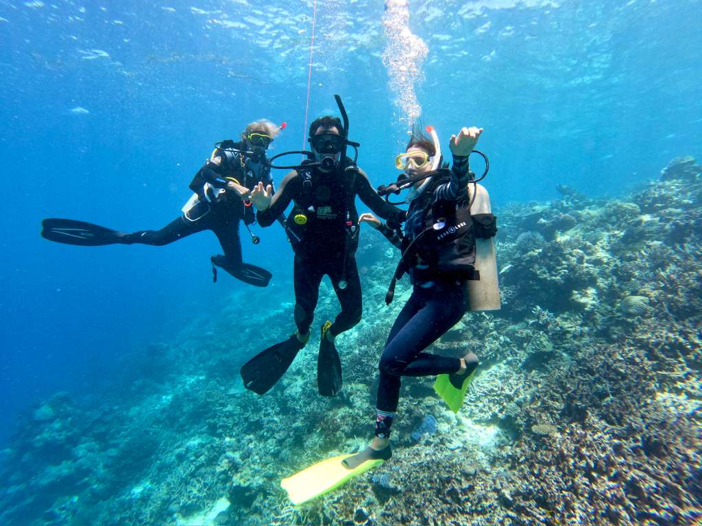 Mergulhadores explorando recifes de corais em águas cristalinas do litoral brasileiro